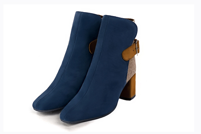 Navy blue, tan beige and caramel brown women's booties, with buckles at the back. Square toe. Medium block heels - Florence KOOIJMAN